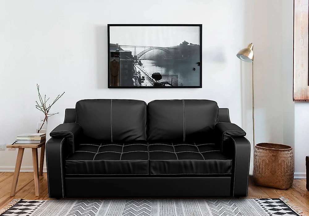 Чёрный диван Берета  2-х местный Дизайн 3 кожаный